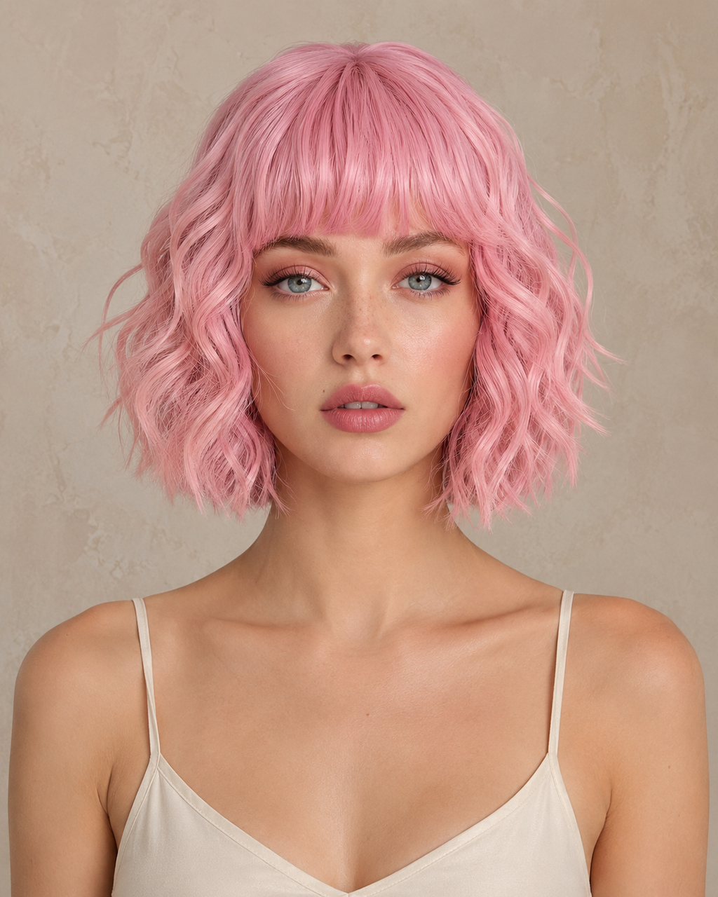 Petal Ripple | Short Voluminous Wavy Pink Wig with Fringe