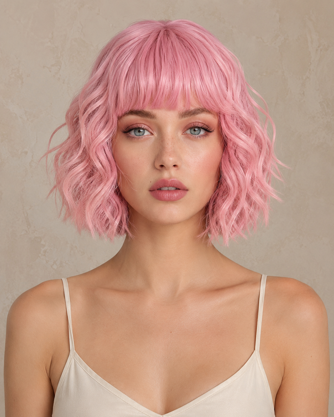 Petal Ripple | Short Voluminous Wavy Pink Wig with Fringe