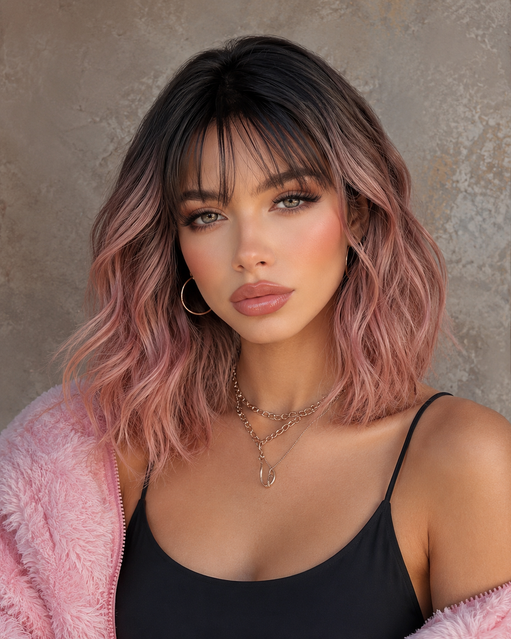 Rose Aura | Mid-Length Wavy Pink Ombre Wig with Fringe