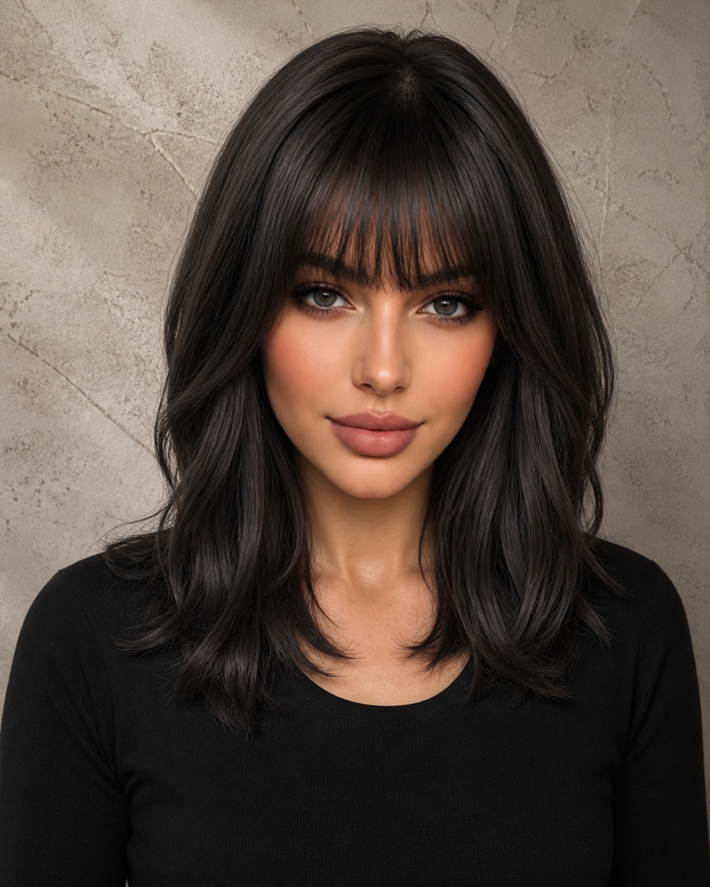 Velvet Raven | Mid-Length Layered Wavy Wig with Fringe