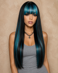 Indigo Eclipse | Ultra-Long Sleek Black Wig with Teal Money Piece