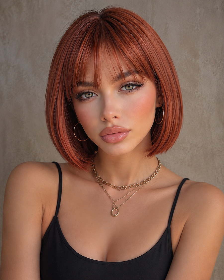 Amber Glow | Sleek Short Copper Bob Wig with Fringe