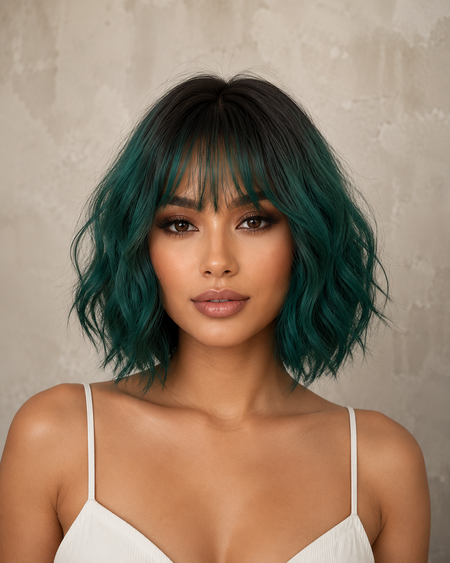 Emerald Aura | Mid-Length Wavy Green Ombre Wig with Fringe