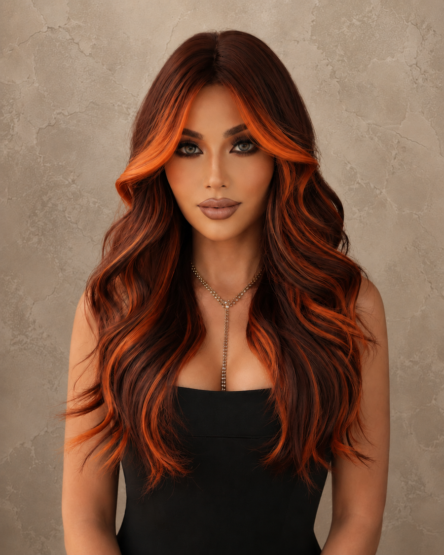 Ember Velvet | Long Wavy Chocolate Wig with Orange Money Piece