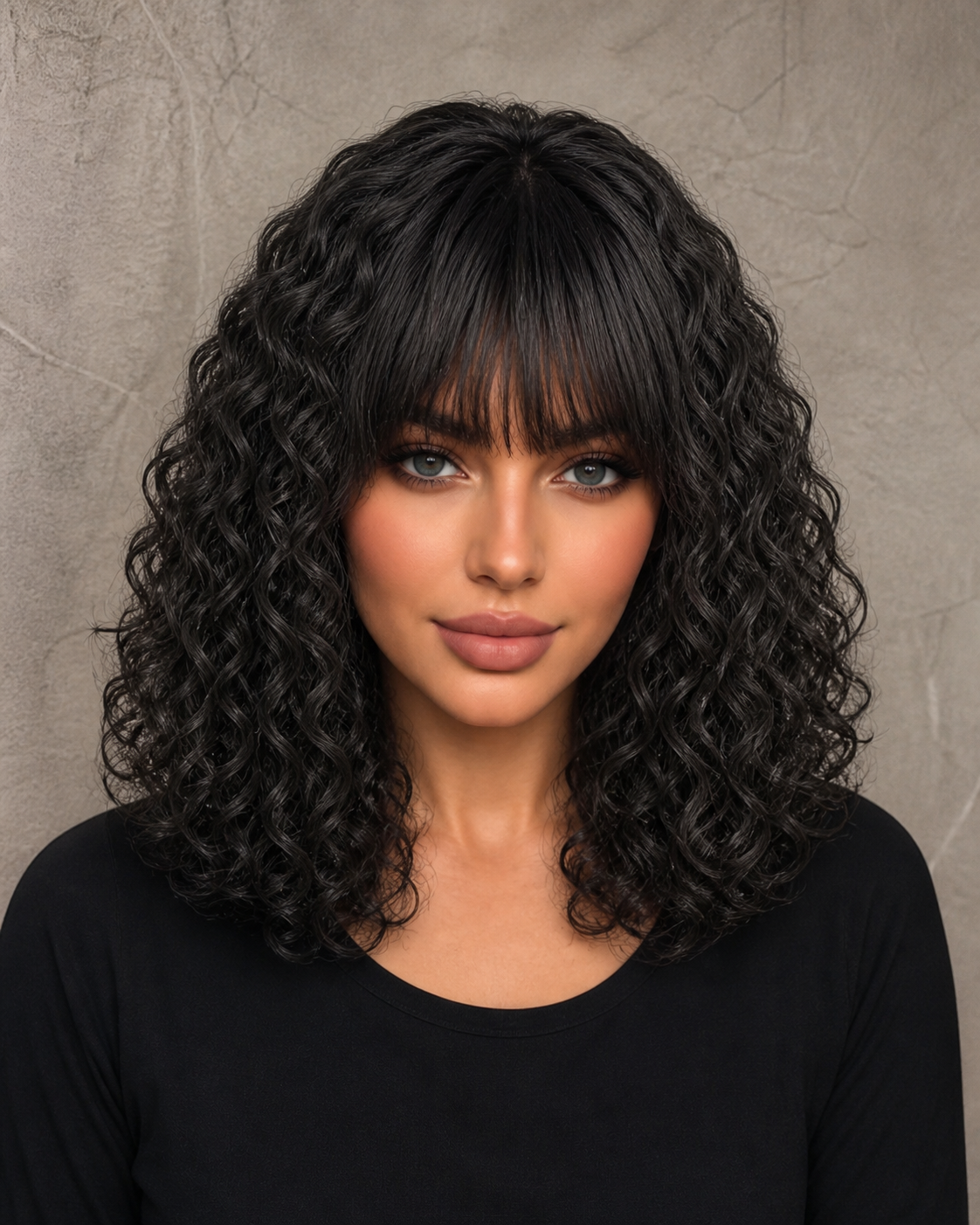 Midnight Spiral | Mid-Length Deep Curly Wig with Fringe