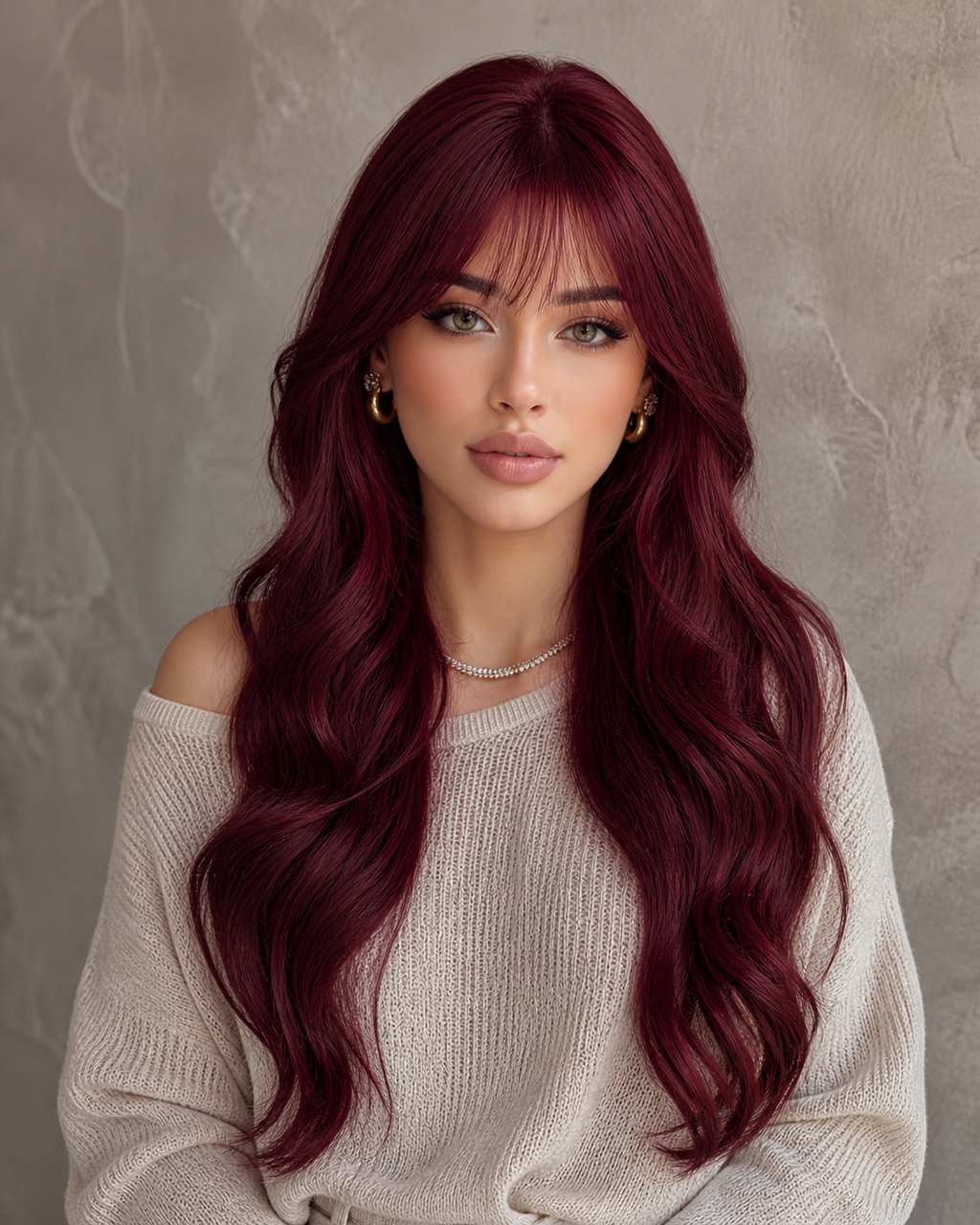 Ruby Velvet | Long Wavy Burgundy Wig with Fringe