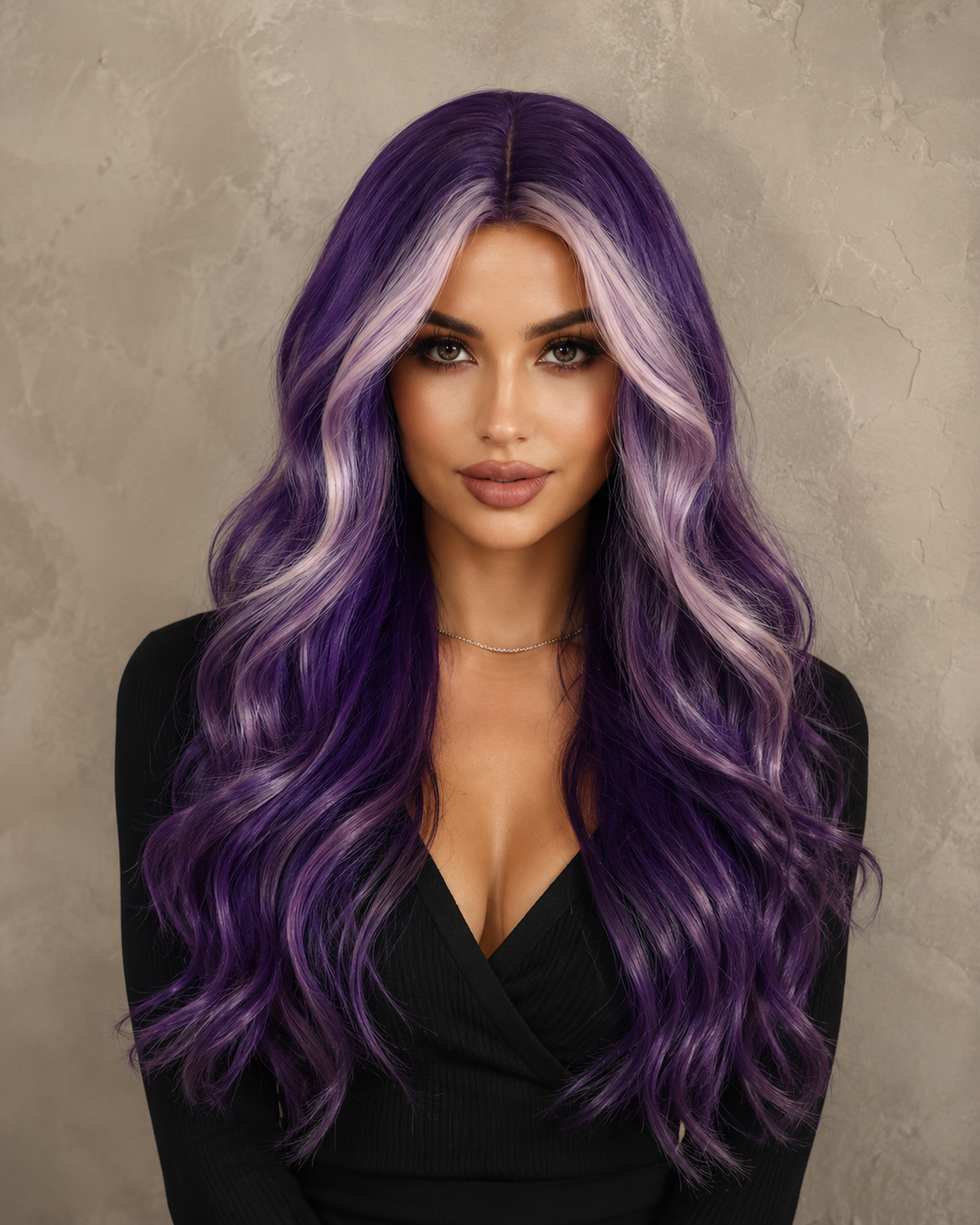 Ultraviolet Aura | Long Wavy Purple Wig with Lavender Money Piece