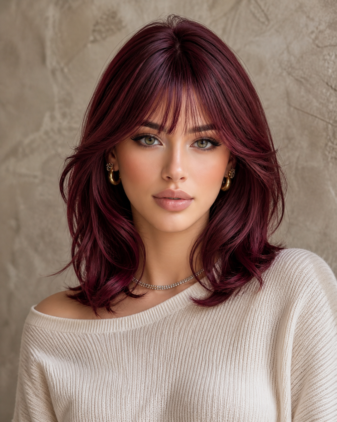 Ruby Aura | Mid-Length Layered Burgundy Wig with Fringe