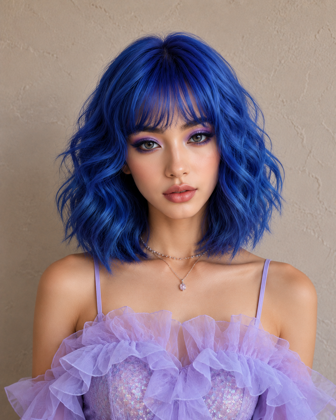 Cobalt Aura | Mid-Length Voluminous Wavy Blue Wig with Fringe