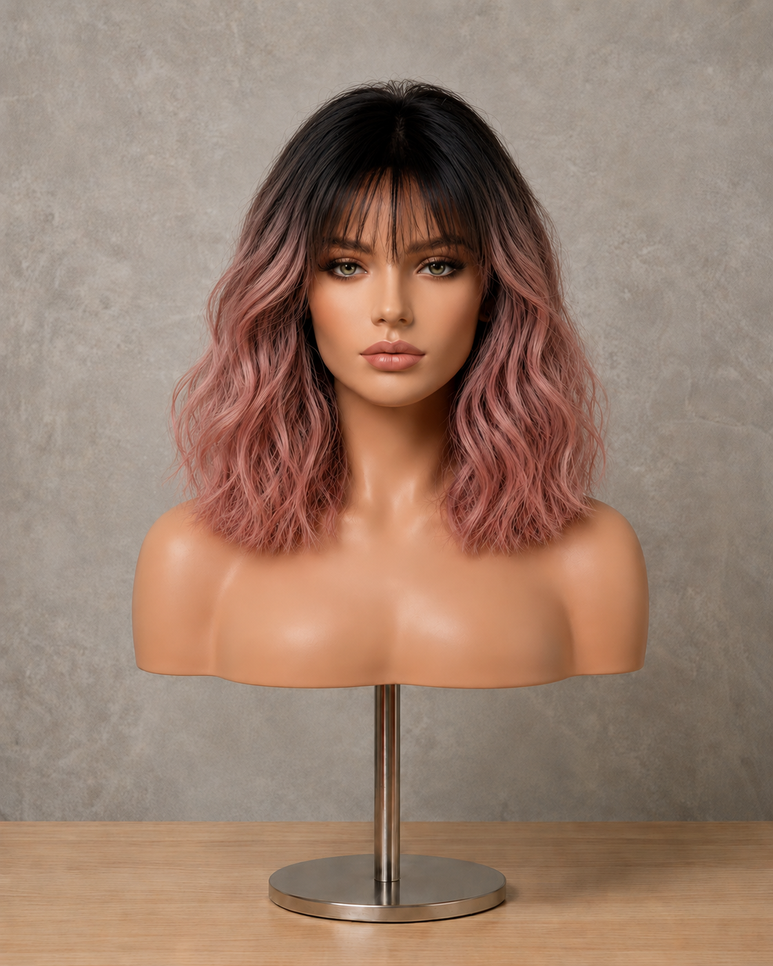 Rose Aura | Mid-Length Wavy Pink Ombre Wig with Fringe