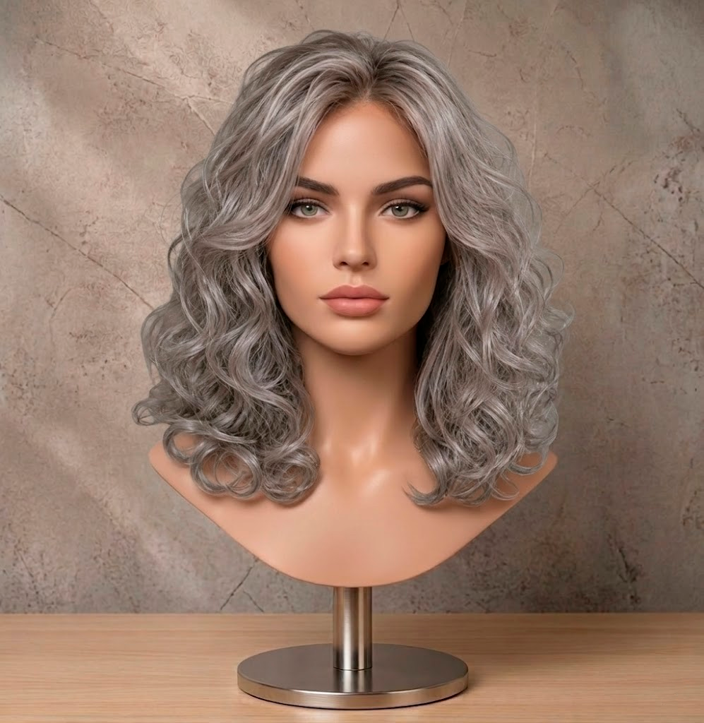 Silver Aura | Mid-Length Voluminous Curly Silver Wig
