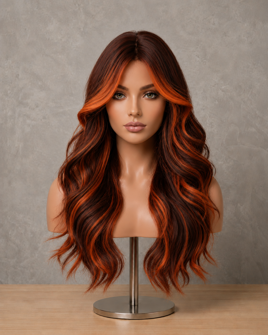 Ember Velvet | Long Wavy Chocolate Wig with Orange Money Piece