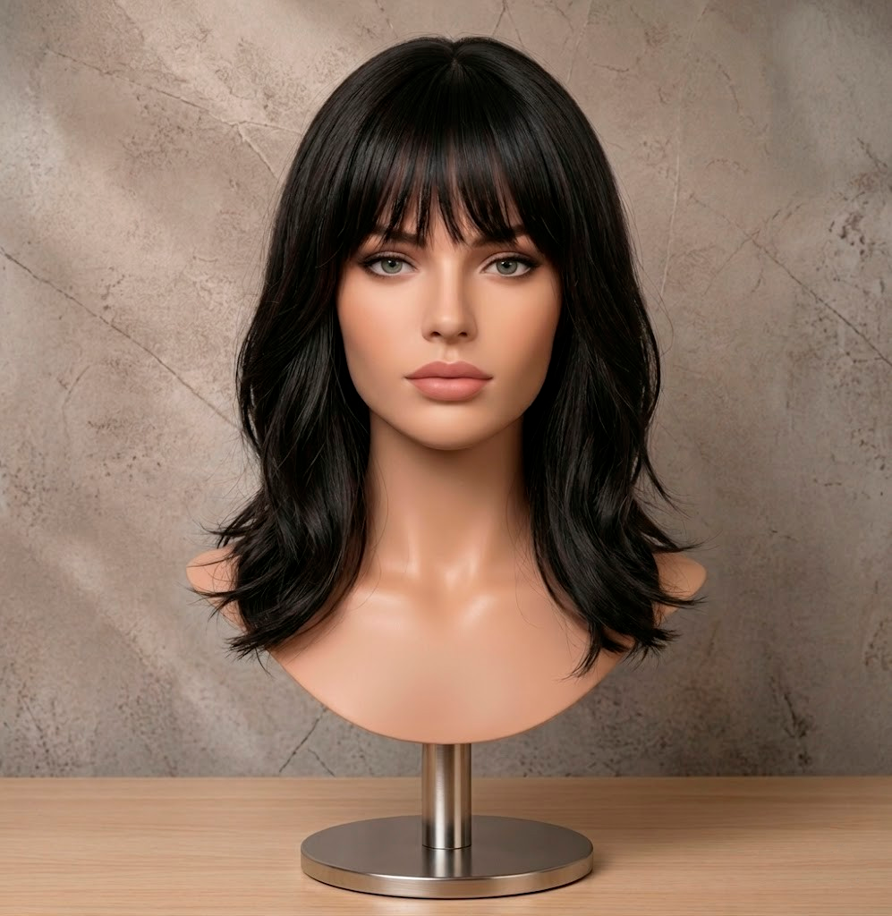 Velvet Raven | Mid-Length Layered Wavy Wig with Fringe