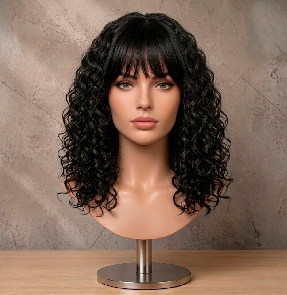 Midnight Spiral | Mid-Length Deep Curly Wig with Fringe