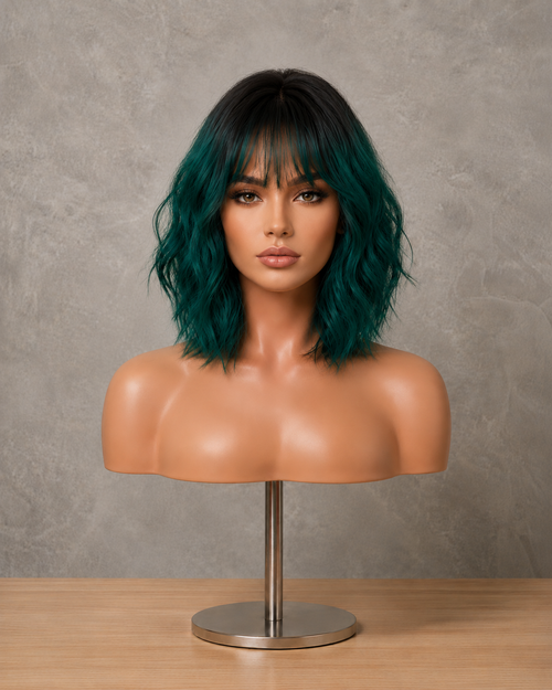 Emerald Aura | Mid-Length Wavy Green Ombre Wig with Fringe