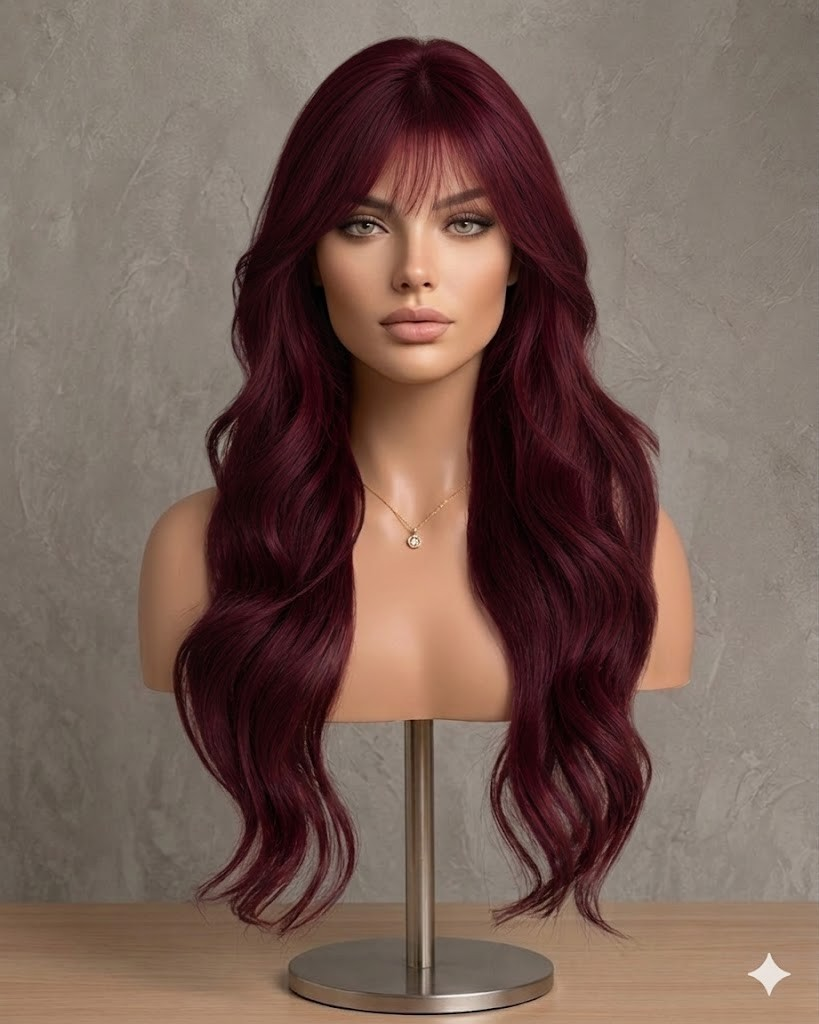 Ruby Velvet | Long Wavy Burgundy Wig with Fringe