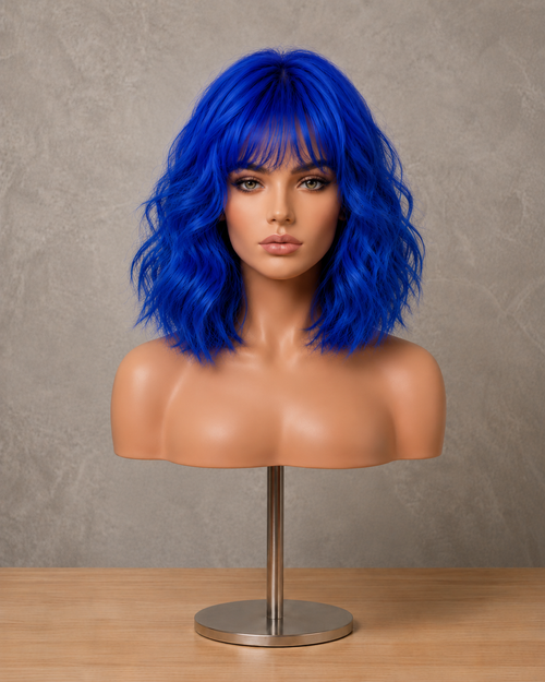 Cobalt Aura | Mid-Length Voluminous Wavy Blue Wig with Fringe