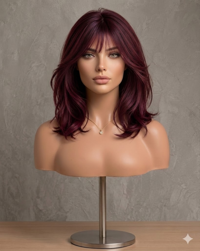 Ruby Aura | Mid-Length Layered Burgundy Wig with Fringe