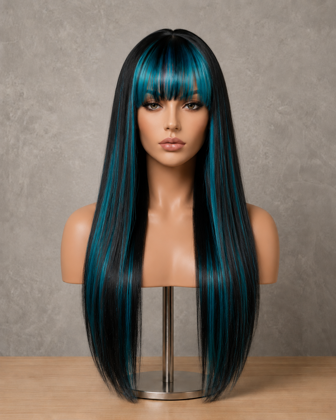 Indigo Eclipse | Ultra-Long Sleek Black Wig with Teal Money Piece