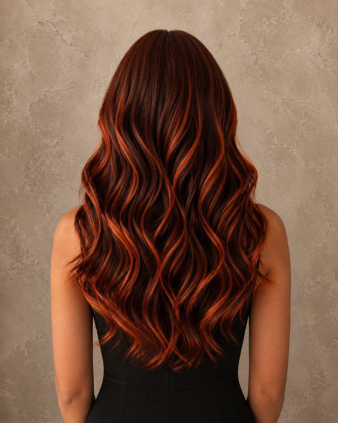 Ember Velvet | Long Wavy Chocolate Wig with Orange Money Piece