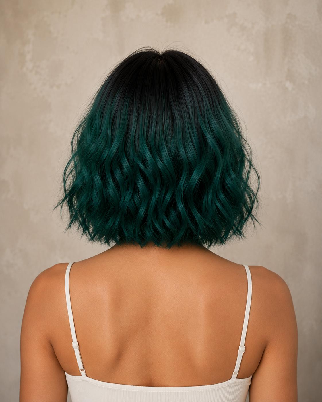 Emerald Aura | Mid-Length Wavy Green Ombre Wig with Fringe