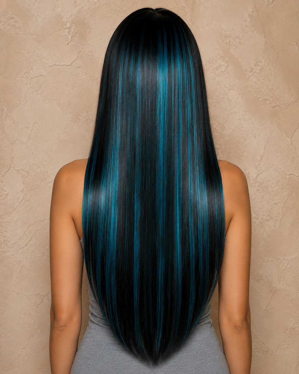 Indigo Eclipse | Ultra-Long Sleek Black Wig with Teal Money Piece