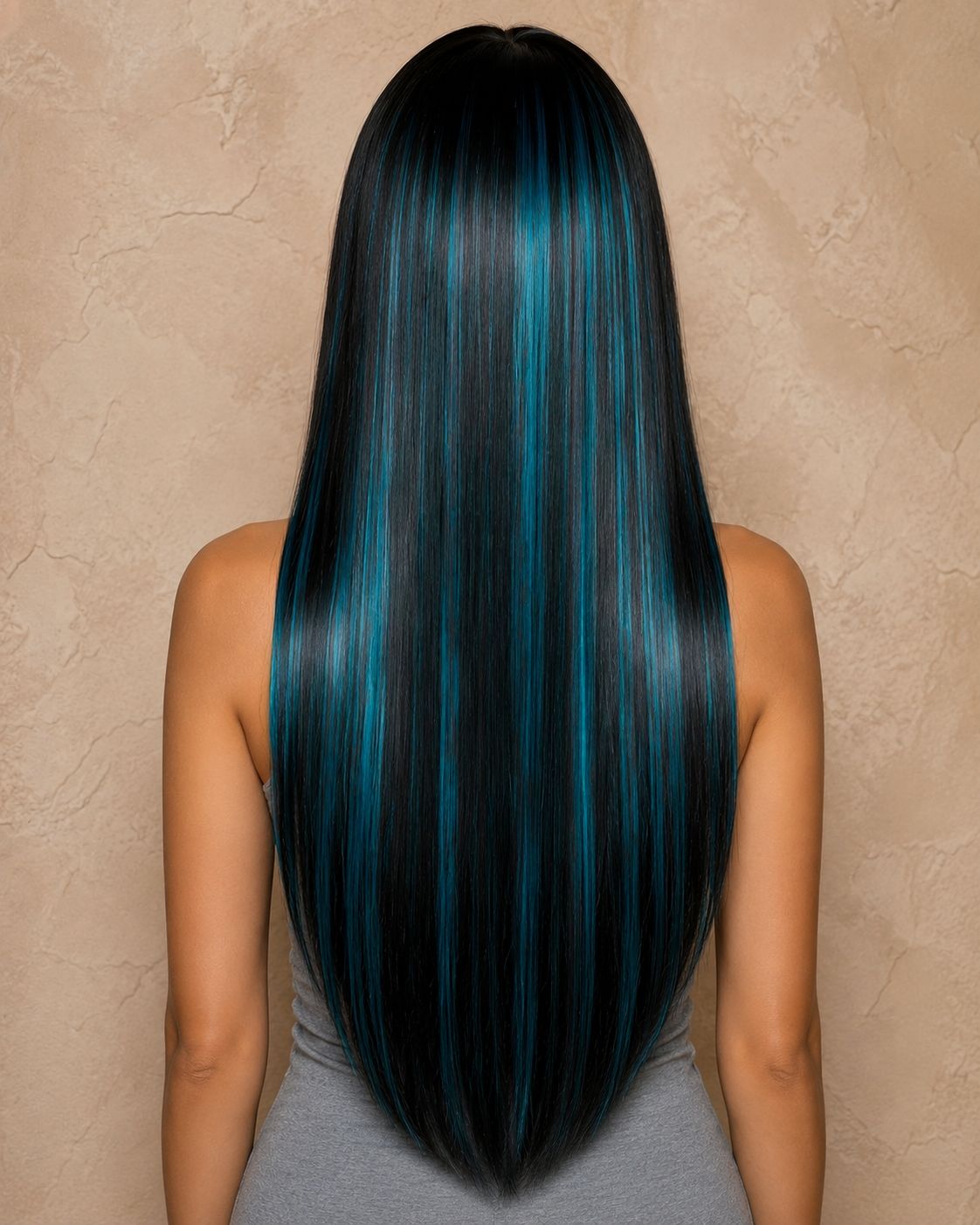 Indigo Eclipse | Ultra-Long Sleek Black Wig with Teal Money Piece