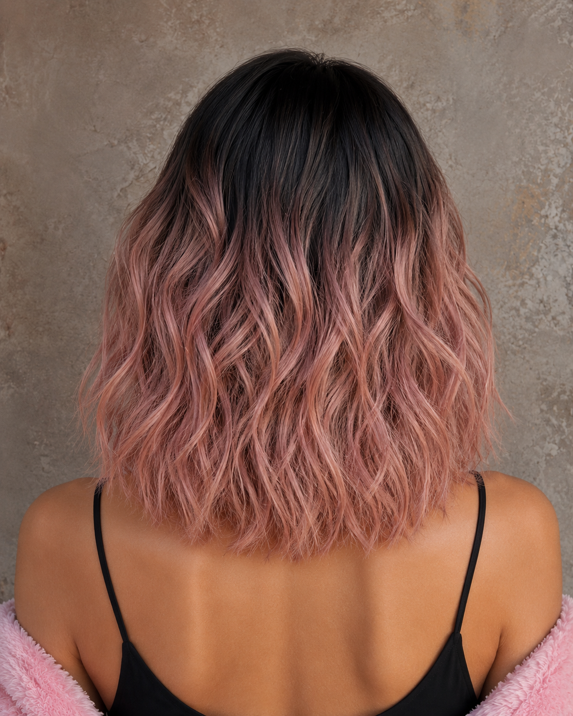Rose Aura | Mid-Length Wavy Pink Ombre Wig with Fringe