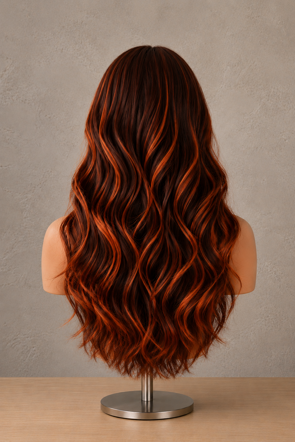 Ember Velvet | Long Wavy Chocolate Wig with Orange Money Piece