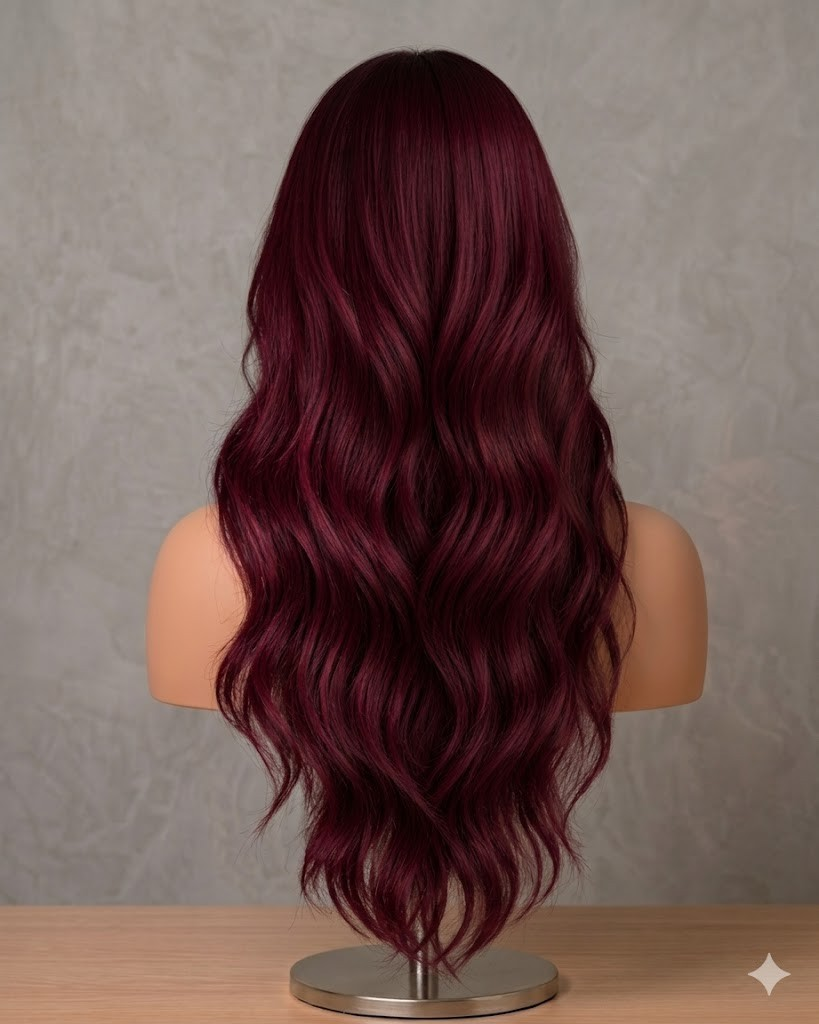 Ruby Velvet | Long Wavy Burgundy Wig with Fringe