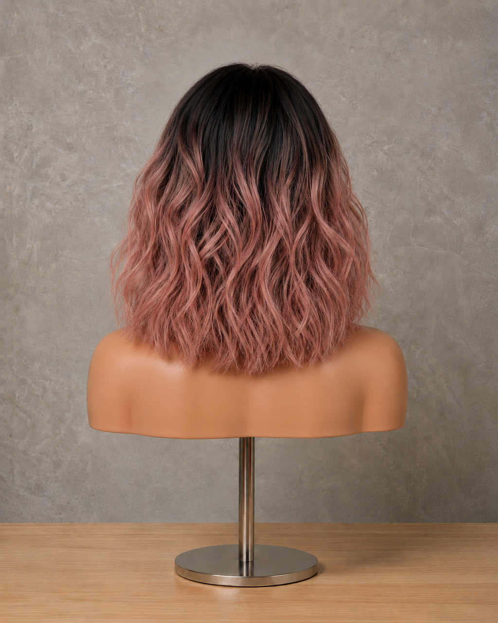Rose Aura | Mid-Length Wavy Pink Ombre Wig with Fringe